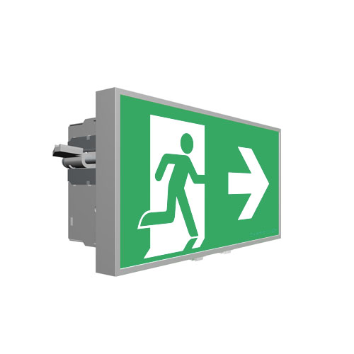 Form 16M Exit Exit, Recessed Wall Mount, L10 Nanophosphate, DALI-2 Emergency, All Pictograms, Single Sided, Brushed Aluminium Frame